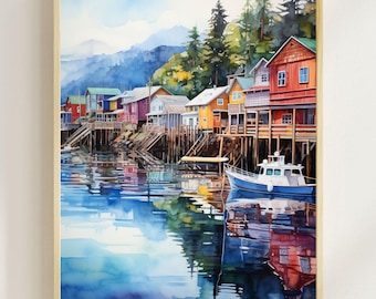 May include: Watercolor painting of a colorful waterfront scene with houses on stilts and a small boat in the water. The houses are painted in shades of red, yellow, blue, and green. The water is a deep blue with reflections of the houses and sky.
