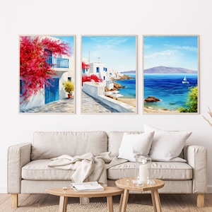 Set of 3 - Greek Village Print, Mykonos Watercolor Print, Greek Door, Cyclades Travel Wall Art, Wall Decor, Coastal Print, Housewarming Gift