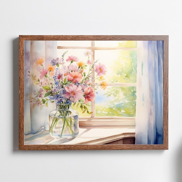 Vintage Window Sill with Flower Print, Watercolor Print, Housewarming Gift