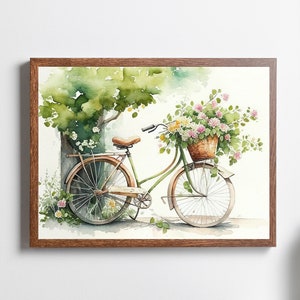 Impression florale aquarelle de vélo, bicyclette vintage avec des fleurs, impression de fleurs, impression vintage, décoration murale, art mural