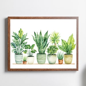Op de afbeelding: Een aquarel schilderij van een rij potplanten in een bruin frame. De planten zijn in verschillende tinten groen en staan in witte, bruine en groene potten.