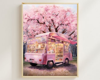 Whimsical Pink Book Truck Print, Mobile Library, Vintage Bookstore Print, French Bookshop Art Print, Bookstore with Cherry Blossom