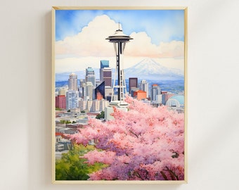 Seattle Space Needle Watercolor Print, Mount Rainier, Travel Art