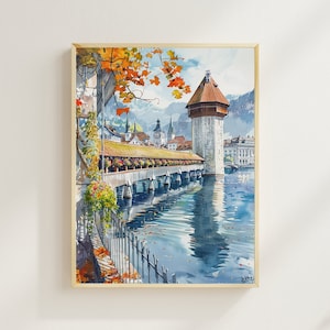 Art mural aquarelle, Suisse Lucerne, décoration d&#39;intérieur, impression suisse, pont de la Chapelle, lac des Quatre-Cantons, art de Lucerne, cadeau de pendaison de crémaillère, idée cadeau