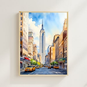 May include: A watercolor painting of a city street scene with yellow cabs driving down the street towards a tall skyscraper. The building is in the background and the sky is blue with white clouds.