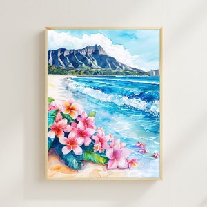 Honolulu Coastal Print, Oahu Watercolor Print, Diamond Head Artwork, Hawaii Travel Print, Wall Art, Wall Decor, Coastal Print, Housewarming