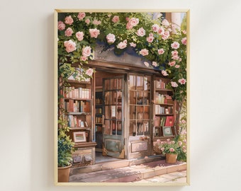 French Bookstore Giclée Print, Roses Decor, Vintage Bookshop Art