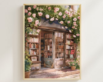 Impresión de librería vintage, impresión de arte de librería francesa, librería con rosas cuidadas, decoración de pared, arte de pared, regalo de bienvenida