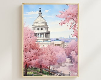 Washington DC en primavera, lavado de impresión de acuarela de DC, impresión del Capitolio de EE. UU., impresión de arte de viaje, regalo de inauguración de la casa