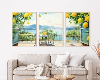 Conjunto de 3 - Impresión costera del limonero de Sicilia, limonero de acuarela, impresión de viaje de Italia, arte de la pared, decoración de la pared, inauguración de la casa