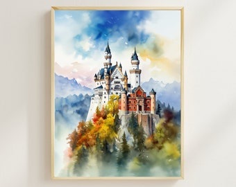 Neuschwanstein Castle Print, Watercolor Neuschwanstein, Munich Travel, Germany Travel, Europe Print, Germany, Deutschland, Bayern, Munich