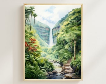 Camino a Hana - Impresión de arte de Maui, Impresión de acuarela de cascadas de Maui, Obras de arte de Hawái, Impresión de viajes, Arte de pared, Decoración de pared