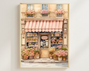 Parisian Flower Shop Watercolor Art Print, French Florist Wall Decor