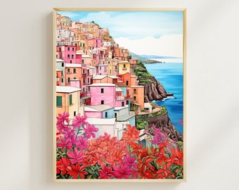 Aquarell-Giclée-Druck „Cinque Terre“ | Italienische Küstenkunst, Italien-Reiseposter, Mittelmeer