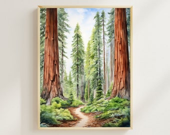 Giclée-print van Sequoia National Park in aquarel, landschapsdecoratie voor aan de muur.
