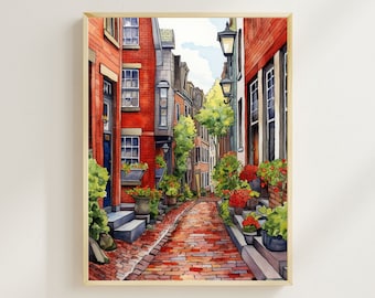 Acorn Street Watercolor Print – Boston Travel Art, Beacon Hill