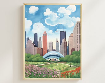 Chicago Millennium Park Print, The Bean, Chicago Watercolor Print, Chicago Cloud Gate, Chicago Skyline, Wall Art, Housewarming Gift