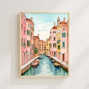 May include: A watercolor painting of a canal in Venice, Italy. The canal is lined with colorful buildings, and there are several gondolas in the water. The sky is blue and there are clouds in the distance.