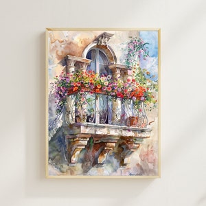 Floral Balcony Watercolor, Vintage Watercolor Balcony Print, Overflowing Flower, Architectural Building, Wall Decor, Housewarming Gift