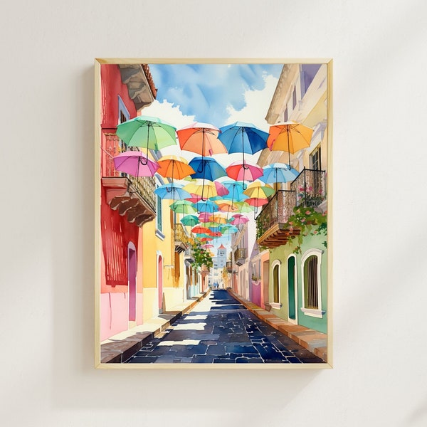 Puerto Rico Watercolor Print, San Juan Street, San Juan Colorful Umbrellas Art Print, Travel Print, Wall Art, Wall Decor, Housewarming