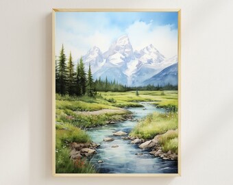 May include: Watercolour painting of a mountain range with a river flowing through a green meadow. The mountains are snow-capped and the sky is blue with white clouds.