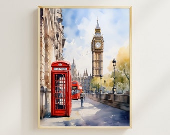 Impresión de acuarela de Londres, impresión de arte de Inglaterra, cabina telefónica roja, arte del Big Ben, viajes por Europa, impresión de acuarela, impresión del Reino Unido