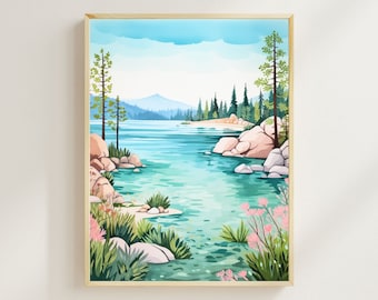 Lake Tahoe Watercolor Print, Lake Tahoe Travel Poster, Wall Art, Wall Decor, Housewarming Gift