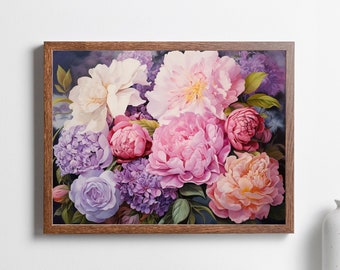 Peonía - Impresión de arte de hortensias, arte floral de la pared, estampado de ramo de flores, regalo del Día de la Madre, regalo de inauguración de la casa, decoración de la pared