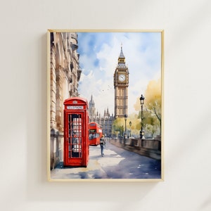 London Watercolor Print, England Art Print, Red Telephone Box, Big Ben Art, Europe Travel, Watercolor Print, UK Print