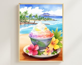 Impresión de acuarela de hielo de afeitado hawaiano, especialidad de Hawái, obras de arte de Hawái, impresión de viaje, arte de pared, decoración de pared, regalo de inauguración de la casa