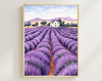Provence Lavender Field Watercolor Art Print, France Travel Poster