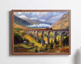 Impresión de arte del viaducto de Glenfinnan, arte del paisaje de Escocia, puente expreso de Hogwarts, escena de Harry Potter, arte de la pared, decoración del hogar, regalo de inauguración de la casa