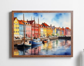 Impresión de acuarela de Copenhague, casas coloridas, impresión de Dinamarca, impresión de viaje, regalo de bienvenida