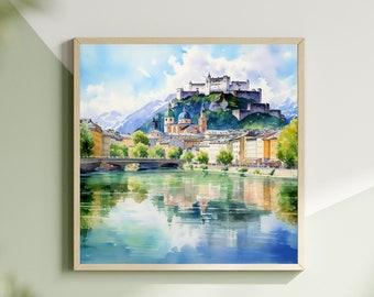 Impresión de acuarela del horizonte de Salzburgo, impresión de Austria, impresión de viajes de Europa, arte de la pared, regalo de bienvenida