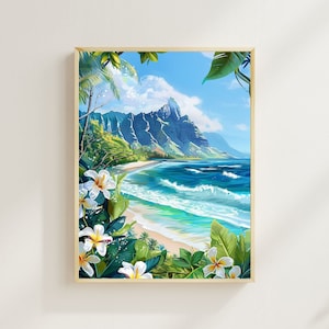 Kauai Coastal Print, Hawaii Beach Mountain Watercolor Print, Hawaii Artwork, Travel Print, Wall Art, Wall Decor, Housewarming Gift