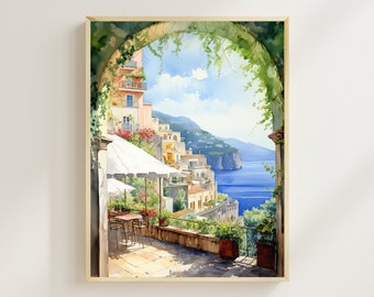 Impresión de la costa de Amalfi, impresión de acuarela de Positano, obras de arte de Italia, impresión de viajes de Europa, arte de la pared, decoración de la pared