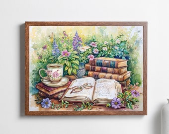 Watercolor Coffee and Books Print, Cozy Home Decor