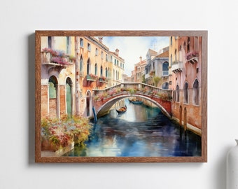 Venice Canal Watercolor Wall Art, Italian Romance, Unframed, Framed or Wrapped Canvas