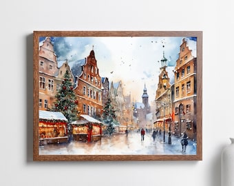 German Christmas Market Watercolor Print, Europe Travel Poster