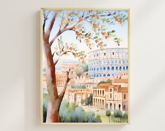 Colosseum Watercolor Print, Rome Italy Travel Art