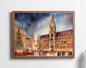 ミュンヘンの壁アートプリント、夜のクリスマスマーケットの風景