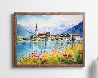 Watercolor Hallstatt Austria Print, Alpine Lake Village Wall Art Decor Gift, Travel Wall Art, Travel Poster Decor, Travel Lover Gift