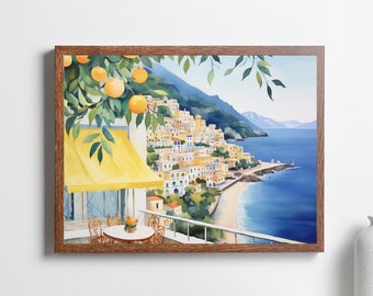 Amalfikusten akvarelltryck, Italien reseaffisch, Giclée väggkonst