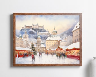 May include: A watercolor painting of a snowy European city with a Christmas market in the foreground. The market is filled with red and white stalls, and people are walking around. In the background, a castle sits on a hill overlooking the city.