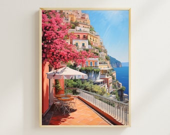 Impresión de la costa de Amalfi, impresión de acuarela de Positano, obras de arte de Italia, impresión de viajes de Europa, arte de la pared, decoración de la pared
