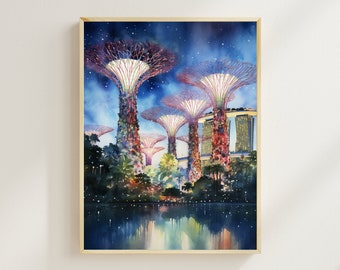 Singapore Supertrees Giclée Print, Gardens by the Bay, Travel Poster