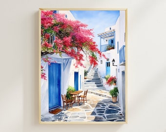 Impresión de acuarela de puerta griega, impresión de calle blanca en Santorini, obras de arte de Grecia, impresión de viajes de Europa, arte de pared, decoración de pared, regalo de inauguración de la casa