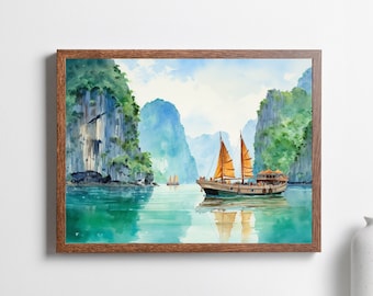Halong Bay Seascape Watercolor Art Print – Vietnam Travel Poster