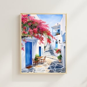 Greek Door Watercolor Print, White Street in Santorini Print, Greece Artwork, Europe Travel Print, Wall Art, Wall Decor, Housewarming Gift