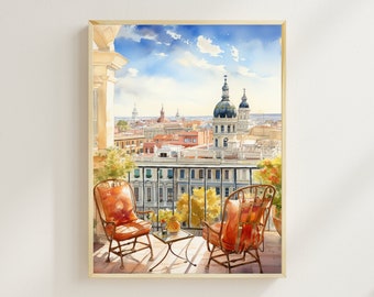 Madrid Watercolor Print, Madrid Balcony View Print, Madrid CityScape, Spain Artwork, Europe Travel Print, Wall Art, Housewarming Gift